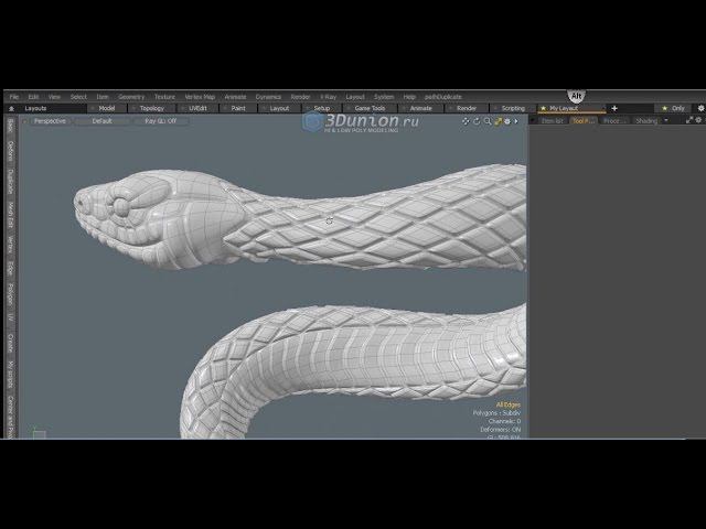 Snake skin bevel texture in Modo. Моделирование фактуры кожи змеи. смотреть онлайн