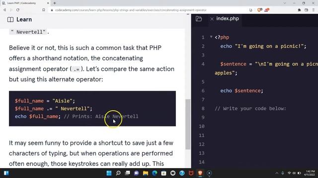 The Concatenating Assignment Operator, Codecademy's Learn PHP, Concat Assignment Operator in PHP смотреть онлайн