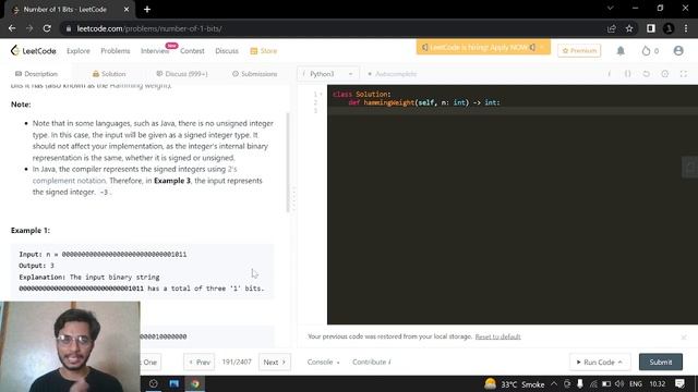 191. Number of 1 Bits (Bit Manipulation) | Leetcode | Python смотреть онлайн