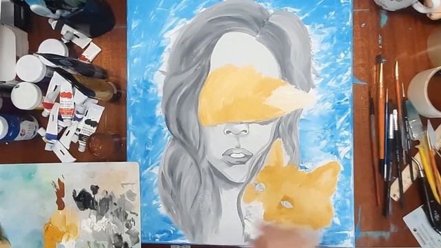 Картина на холсте, девушка и лиса. Рисуем девушку на холсте. Рисуем акрилом. смотреть онлайн