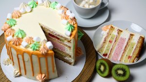 БИСКВИТНЫЙ ТОРТ с клубникой и киви. ТОРТ с клубничным муссом и кремю из киви. Торт клубника-киви