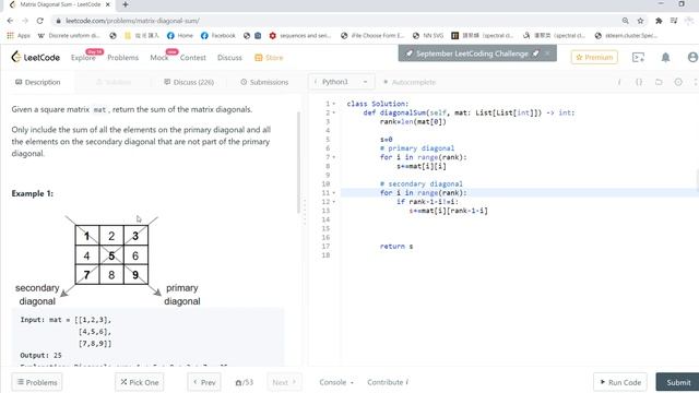 Leetcode solving: 1572. Matrix Diagonal Sum смотреть онлайн