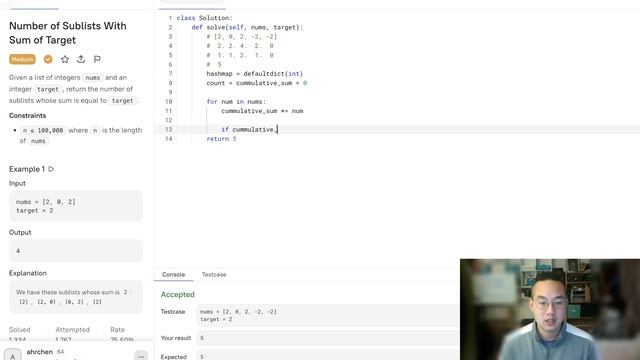 Number of Sublists With Sum of Target (leetcode) (binarysearch.com) смотреть онлайн