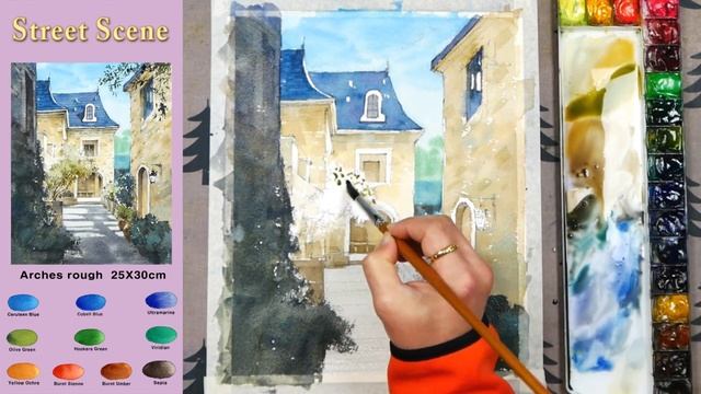 [ 3 Minute Watercolor ] Basic Landscape Watercolor - Street Scene. NAMIL ART