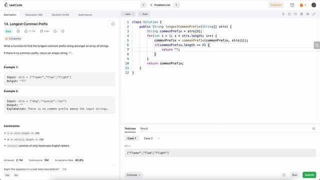 Leetcode 14 Longest Common Prefix (Java) смотреть онлайн