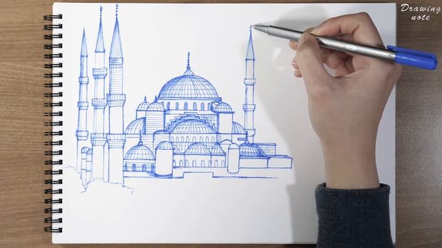 The Blue Mosque, Sultan Ahmet Camii, Istanbul - pen drawing sounds ASMR - architecture sketch смотреть онлайн