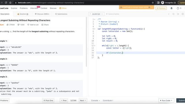 Longest Substring Without Repeating Characters (sliding window) - Leetcode 3 - Java Script смотреть онлайн