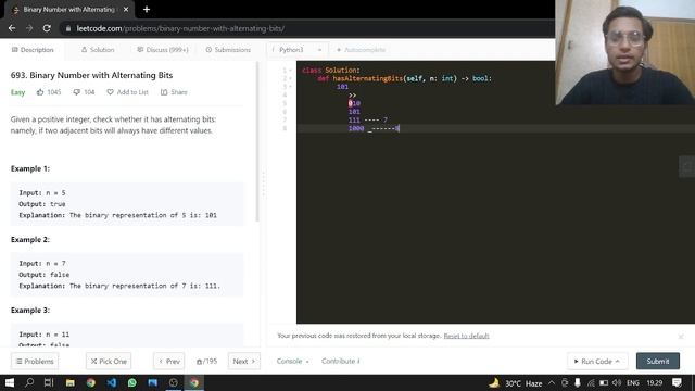 693. Binary Number with Alternating Bits | Leetcode | Python смотреть онлайн