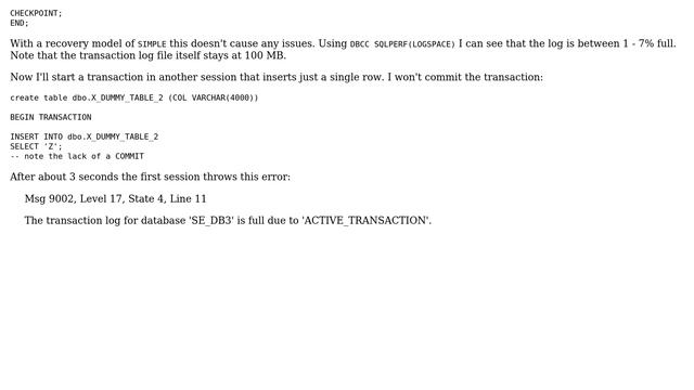 Why do I get The transaction log for database 'X' is full due to 'ACTIVE_TRANSACTION' w/ Simple... смотреть онлайн
