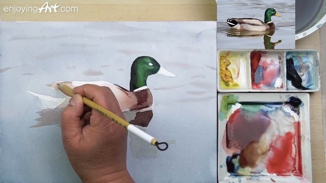 Watercolor painting of a duck with reflection смотреть онлайн