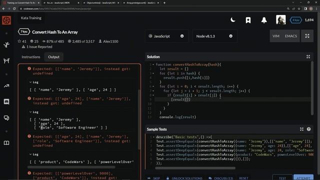 Codewars 7 kyu Convert Hash to an Array Javascript смотреть онлайн