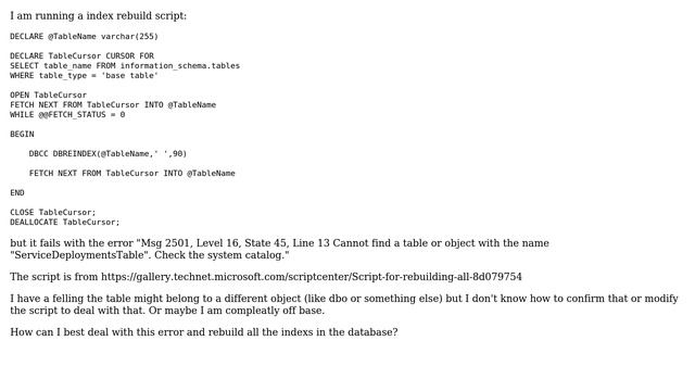 Databases: Can't find table/object error when running an index rebuild смотреть онлайн