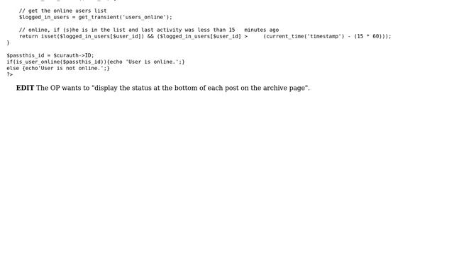 Wordpress: How to display the status of users (online - offline) in archive.php? смотреть онлайн
