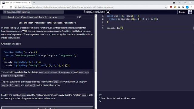 Learn ES6 (9/31) | Use the Rest Parameter with Function Parameters | freeCodeCamp смотреть онлайн
