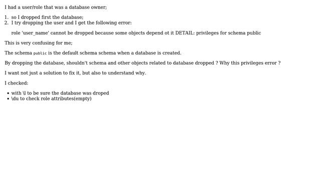 'Privileges dependent' error when try to drop a role/user even if there are no database attached... смотреть онлайн