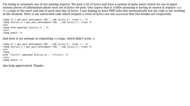 Wordpress: Wrap Meta Box with ＜li＞ and ＜/li＞ for each new line смотреть онлайн