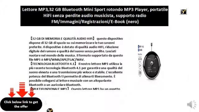 Lettore MP3,32 GB Bluetooth Mini Sport rotondo MP3 Player, portatile HiFi senza смотреть онлайн