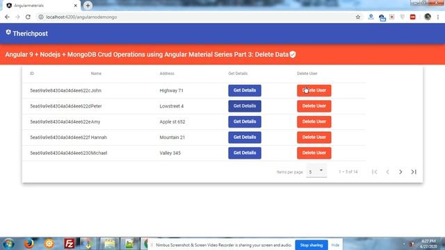 Angular 9 + Nodejs + MongoDB Crud Operations using Angular Material Series Part 3: Delete Data смотреть онлайн