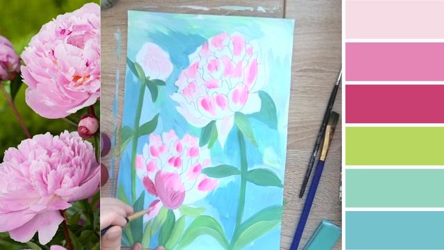 Пионы Как нарисовать Рисуем гуашью. смотреть онлайн
