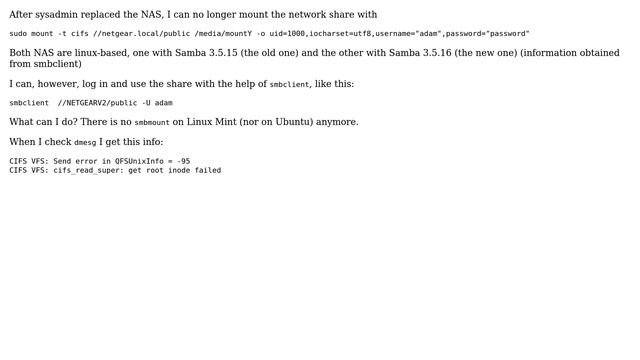 Unix & Linux: mount -t cifs: "Operation not supported", but can connect via smbclient смотреть онлайн