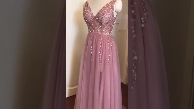 Pink V Neck Slit Beaded Prom Dresses Popular Evening Dress смотреть онлайн