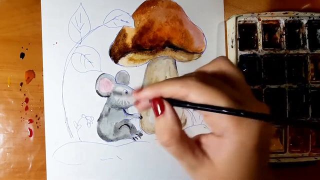 Осенний рисунок. Рисунок осени. Гриб. Мышь смотреть онлайн