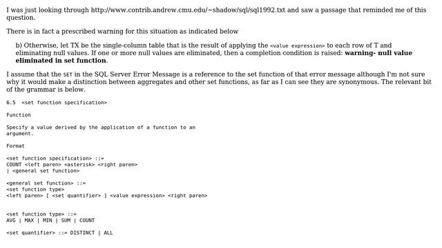 Meaning of 'SET' in error message 'Null value is eliminated by an aggregate or other SET operation' смотреть онлайн