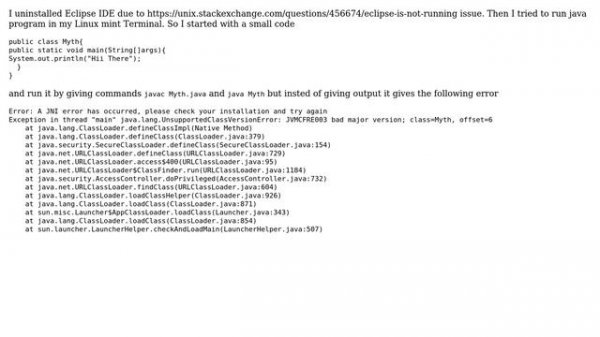 Unix & Linux: a jni error has occured