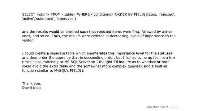 MySQL : What is the MS SQL Server capability similar to the MySQL FIELD() function? смотреть онлайн