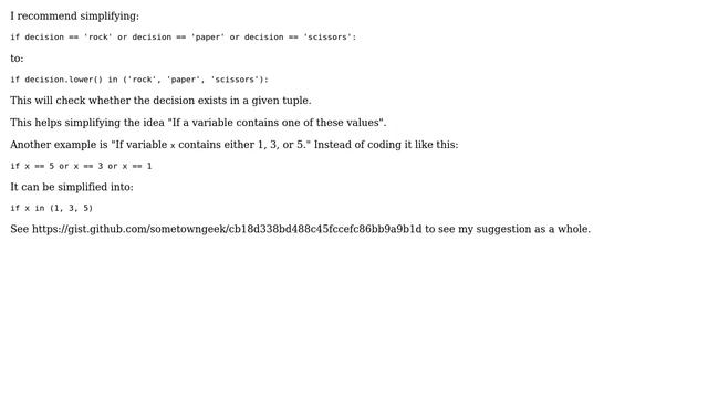 Code Review: Procedural style Rock Paper Scissors game using Python 3 (3 Solutions!!) смотреть онлайн