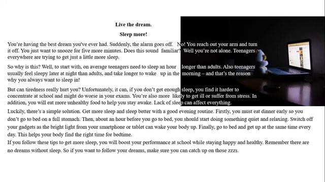 Excel 7 M 8 ex. 2 p. 88 Live the dream. Sleep more! Listen and read смотреть онлайн