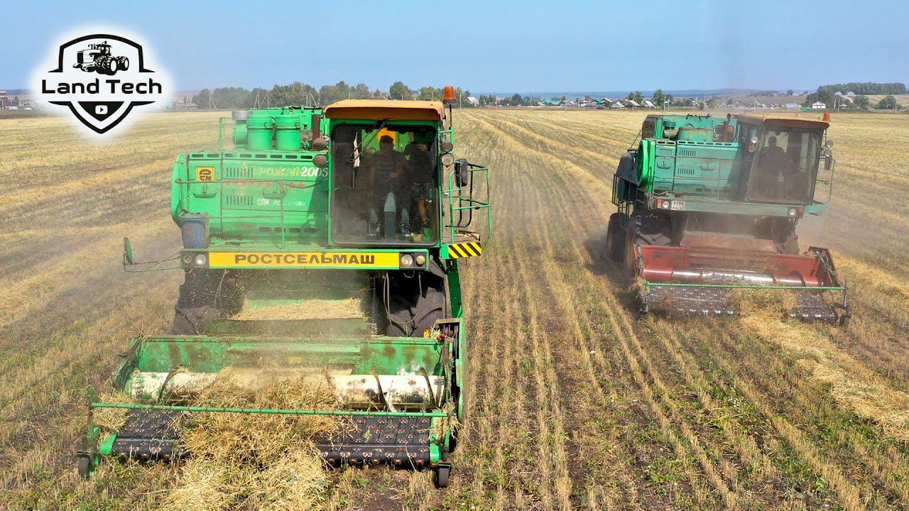 Сразу 4 комбайна ДОН-1500Б работают на подборе валков пшеницы! Т-150К вывозит зерно с поля! смотреть онлайн