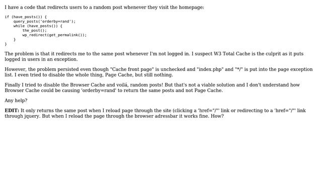 Wordpress: Browser Cache causes 'Orderby=rand' to return the same posts смотреть онлайн