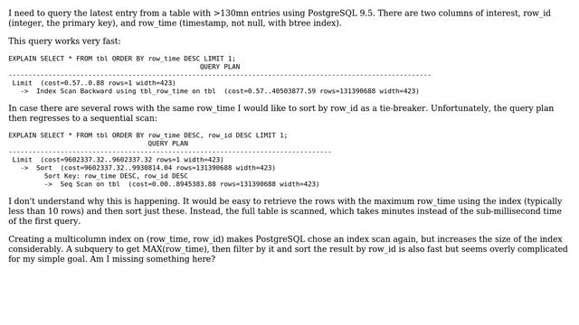 Databases: PostgreSQL not using index scan when a second ORDER BY column is present смотреть онлайн