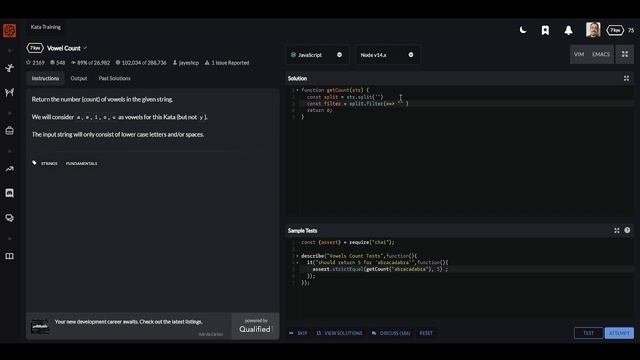 Codewars kyu 7 - Vowel Count javascript смотреть онлайн