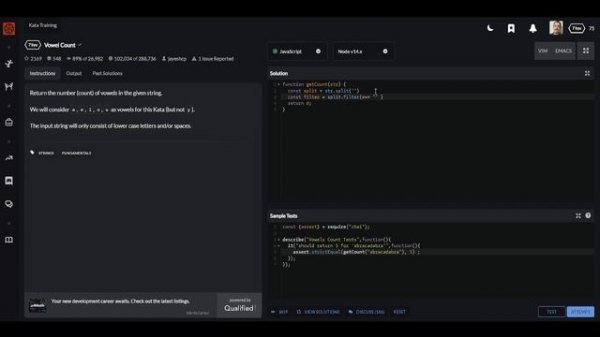 Codewars kyu 7 - Vowel Count javascript