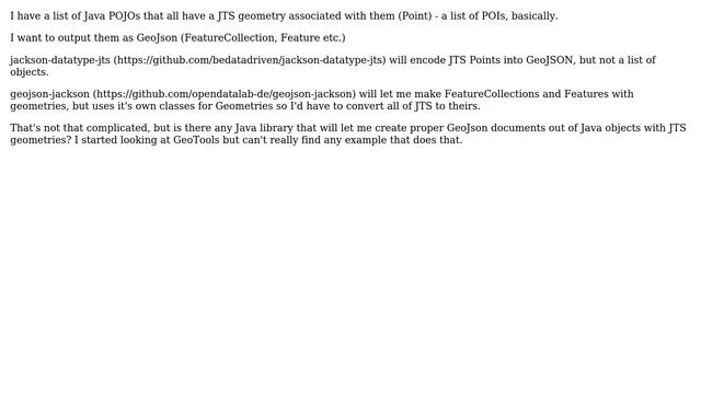 GIS: Convert list of Java objects with JTS geom to GeoJson смотреть онлайн