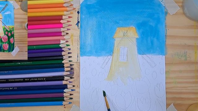 Как нарисовать голландский пейзаж, поле с тюльпанами, мельницу. смотреть онлайн