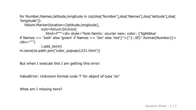 Pandas : Unknown format code 'f' for object of type 'str'- Folium смотреть онлайн