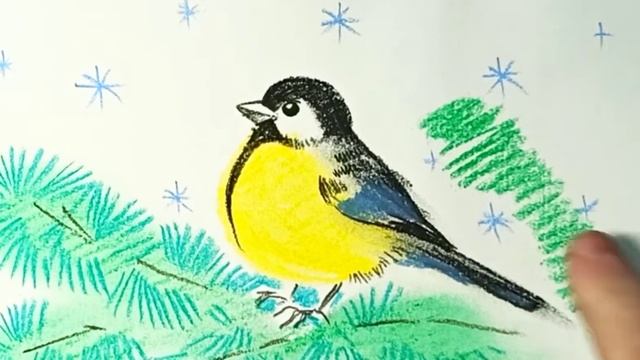 Синичка на ветке - рисунок сухой пастелью. смотреть онлайн