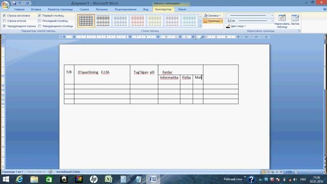 Word Dasturida Jadvallar Bilan Ishlash