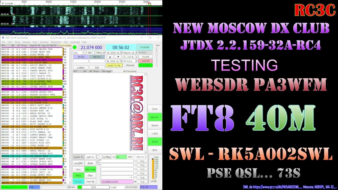 RK5A002SWL - FT8 SWLing On 7 Then 21 MHz Via WebSDR, Testing JTDX 2.2.159-32A-rc4