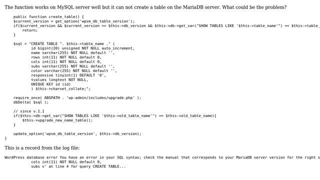 Wordpress: The function can not create a table on MariaDB server смотреть онлайн