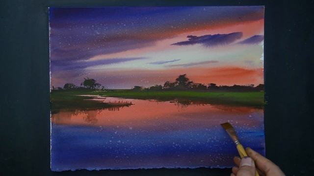 How to paint cloudy sky and river in watercolor painting смотреть онлайн