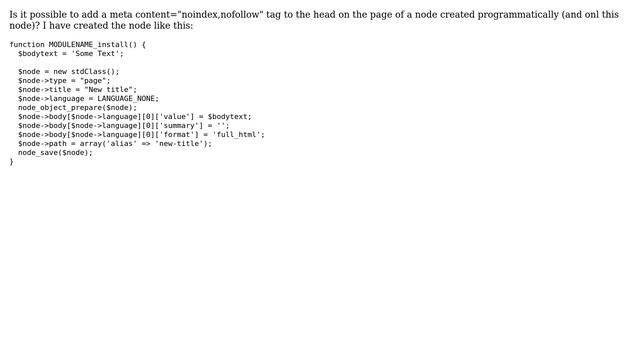 Drupal: Add a meta content="noindex,nofollow" tag on a node created programmatically смотреть онлайн