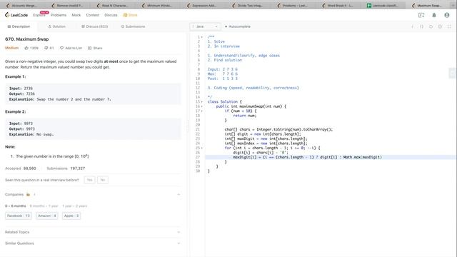 Facebook Coding Interview Question | Leetcode 670 | Maximum Swap смотреть онлайн