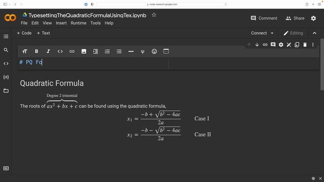 HOW to LaTeX the Quadratic Formula in a Google Colab MarkDown text cell? смотреть онлайн