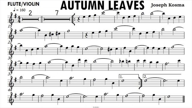 Autumn Leaves Flute Violin Sheet Music Backing Track Partitura Single Page For Screenshot
