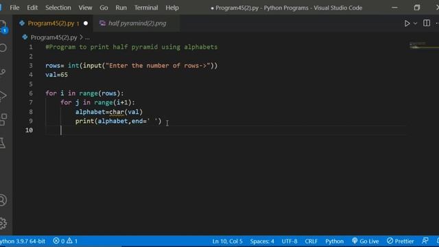 Python Program to print half pyramid using alphabets смотреть онлайн