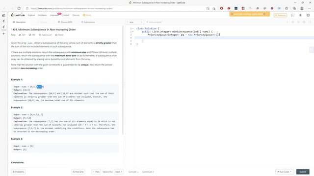 LeetCode 1403 | Minimum Subsequence in Non-Increasing Order | PriorityQueue | Java смотреть онлайн